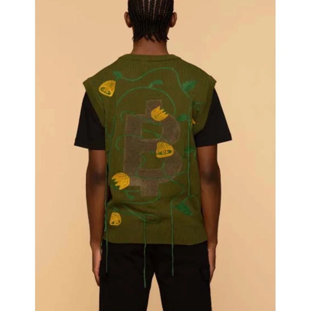 Cash by Cash App Bitcoin Flower Knit Sweater Vest Green Future Nature Mens M NWT